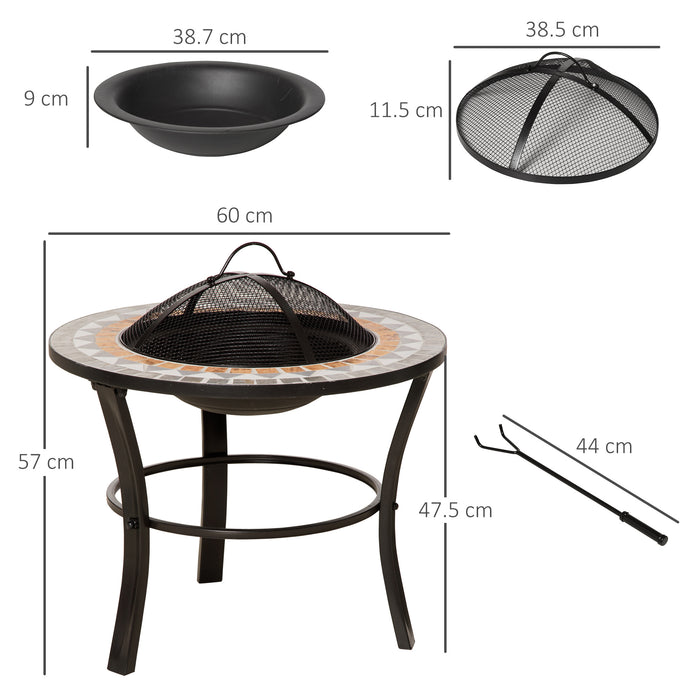 Outdoor Fire Pit Table with Mosaic Outer, Round Firepit with Spark Screen Cover, Fire Poker for Garden Bonfire Party