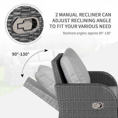 7 Seater Sofa & Coffee Table Footstool Set Outdoor Patio Wicker Weave Reclining Chair Space-saving - Light Grey