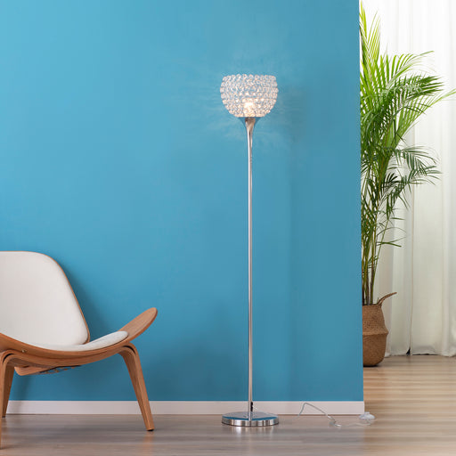 Modern Floor Lamp with K9 Crystal Lampshade, Tall Standing Lamp with E27 Bulb Base and Foot Switch for Living Room Bedroom Study Office Silver