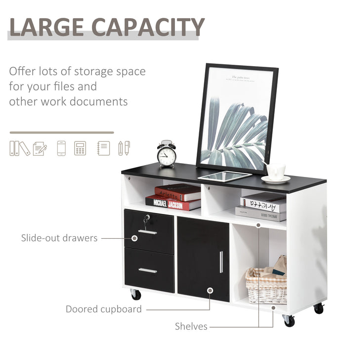 Mobile File Cabinet with Open Shelves & Lockable Drawer - 100cm x 35cm x 65cm, Black