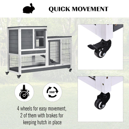 Wooden Indoor Rabbit Hutch Guinea Pig House Bunny Small Animal Cage W/ Wheels Enclosed Run 110 x 50 x 86 cm, Grey