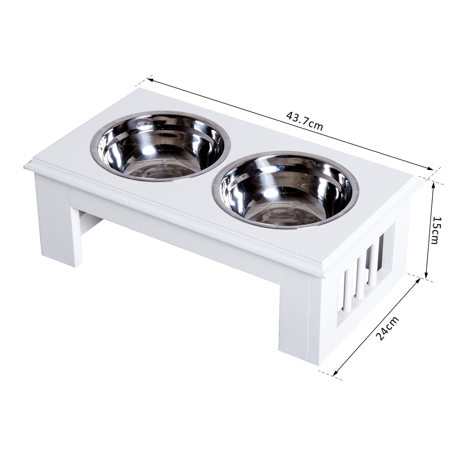 Stainless Steel Raised Dog Feeding Bowls with Stand Elevated Twin Pet Bowls Water Food Feeder 43.7L x 24W x 15H cm - White