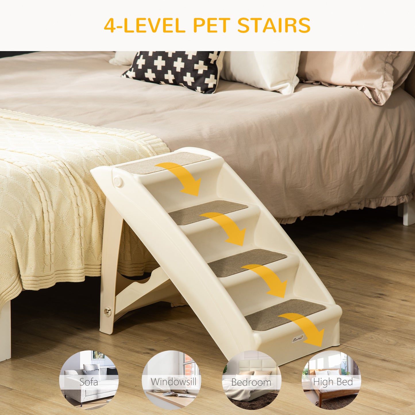 Foldable Pet Stairs Portable Dog Steps for Sofa, Bed, Four-Step Design for Cats, Small Miniature Dogs w/ Non-Slip Mats - Beige, 62 x 38 x 49.5cm