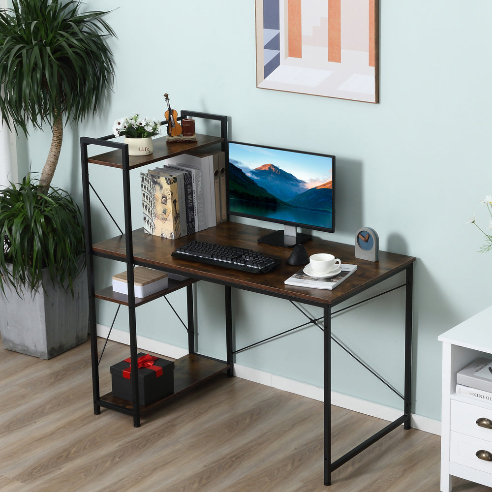 Computer Desk PC Table Study Workstation Home Office with 4-tier Bookshelf Storage Metal Frame Wooden Top (Rustic Brown & Black)