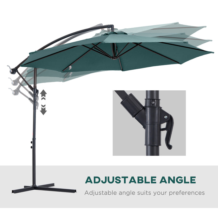 3(m) Banana Parasol Hanging Cantilever Umbrella with Crank Handle, 8 Ribs and Cross Base for Outdoor, Sun Shade, Dark Green