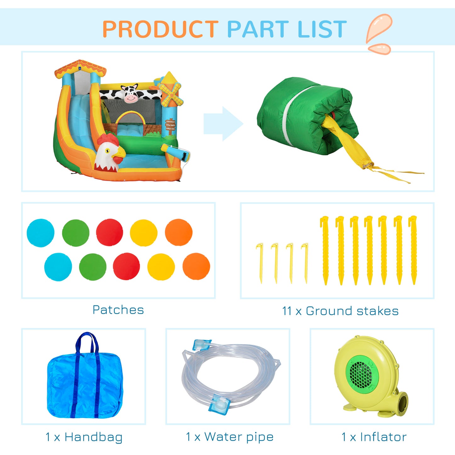 5 in 1 Kids Bouncy Castle Farm Style Inflatable House with Slide Trampoline Pool Water Cannon Climbing Wall with Inflator Carrybag