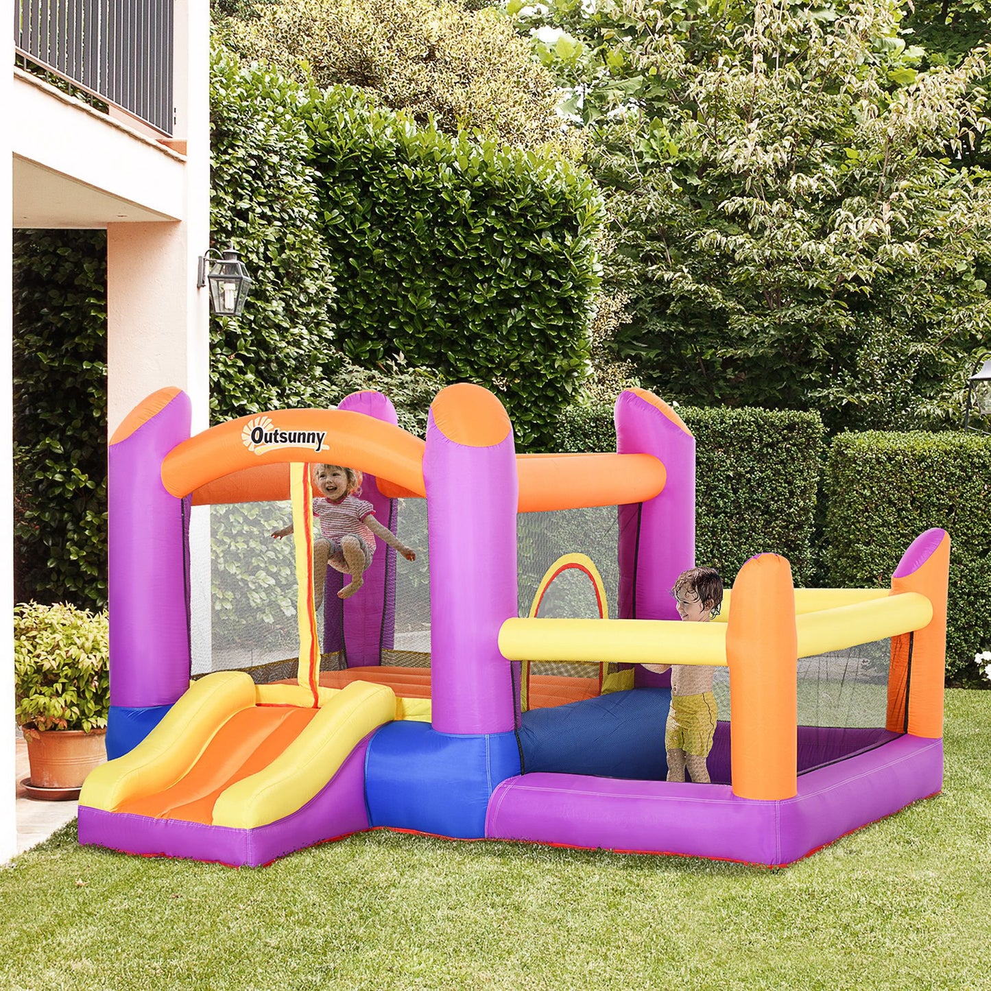 Kids Bounce Castle House Inflatable Trampoline Slide Water Pool 3 in 1 with Inflator for Kids Age 3-12 Multi-color 3 x 2.8 x 1.7m
