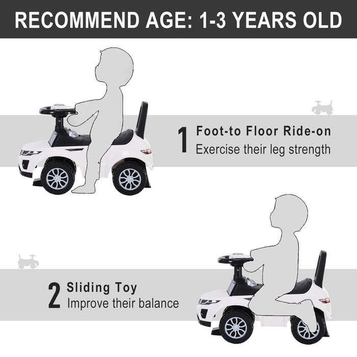 3-in-1 Ride On Car Foot To Floor Slider Toddler w/ Horn Steering Wheel NO POWER Manual Under Seat Storage Safe Design White