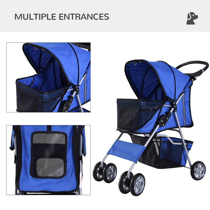 Dog Pushchair for Small Miniature Dogs Cats Foldable Travel Carriage with Wheels Zipper Entry Cup Holder Storage Basket Blue