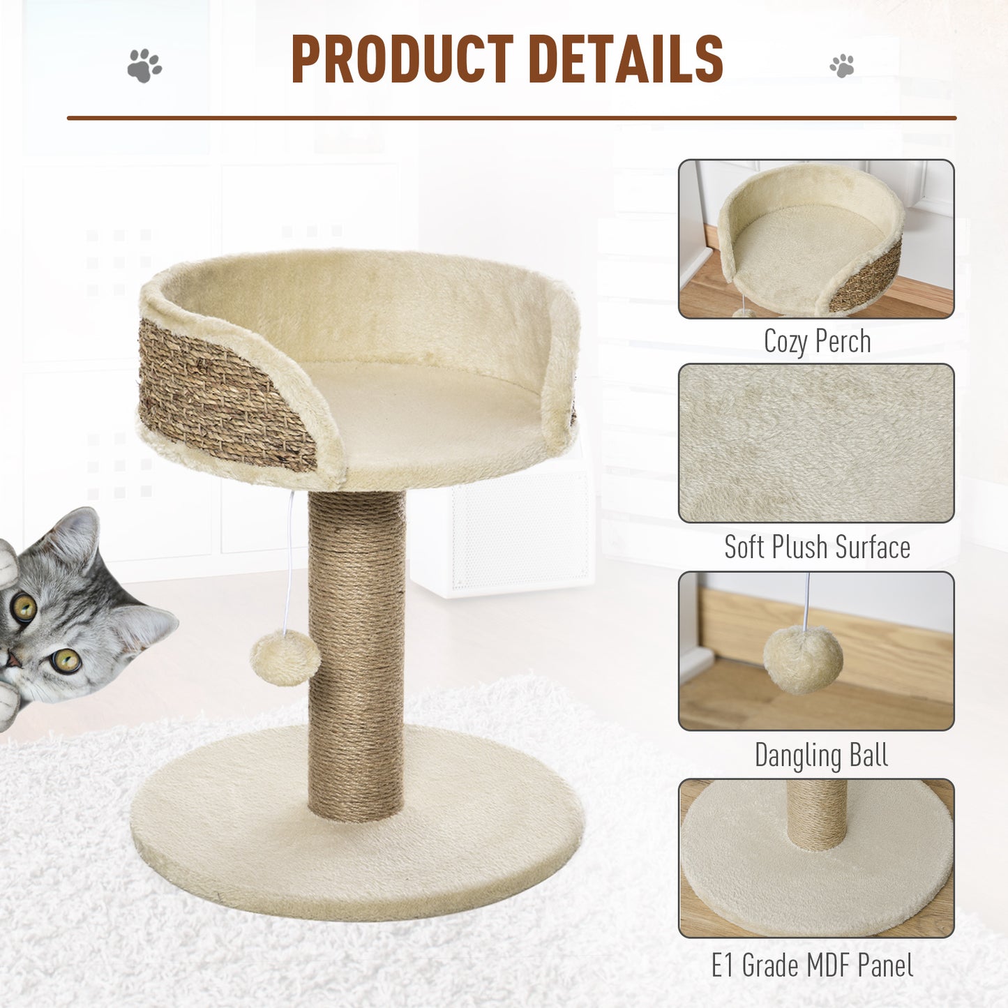 Cat Tree for Indoor Cats Kitten Tower Activity Center Climbing Stand Furniture with Scratching Posts Dangling Ball Perch Beige