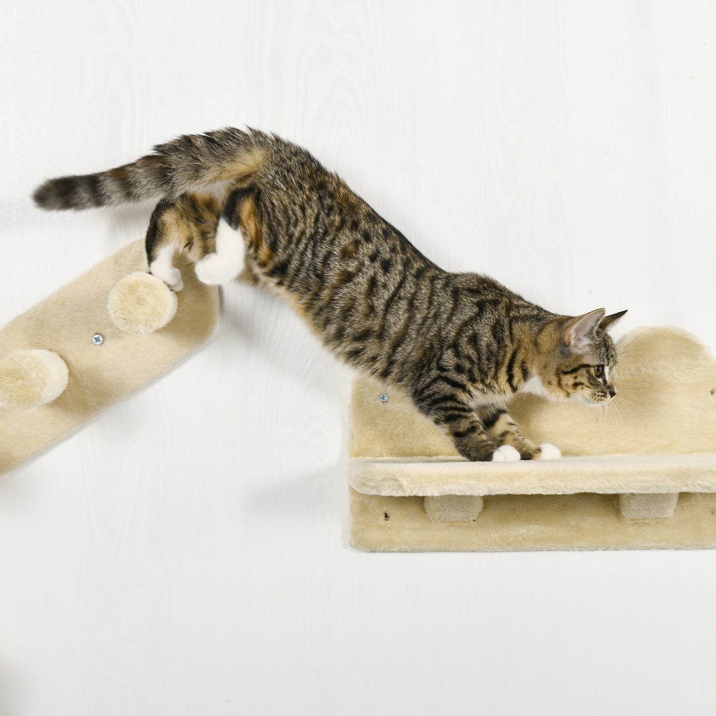 4PCs Wall Mounted Cat Tree Cat Wall Shelves Furniture Climbing Shelf Set Kitten Activity Centre w/ Hammock, Scratching Post - Beige
