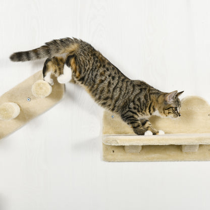 4PCs Wall Mounted Cat Tree Cat Wall Shelves Furniture Climbing Shelf Set Kitten Activity Centre w/ Hammock, Scratching Post - Beige