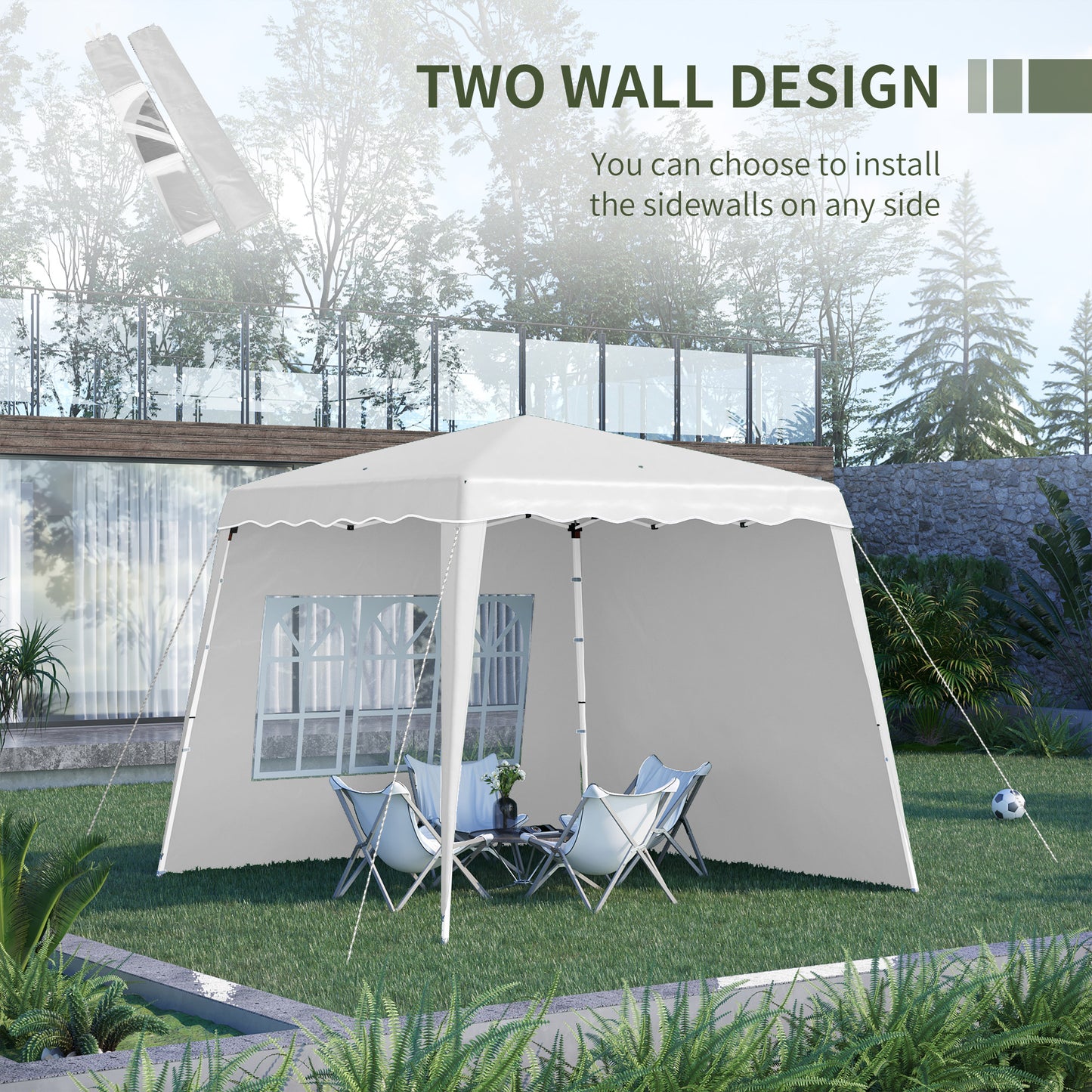Outsunny Pop Up Gazebo with 2 Sides, Slant Legs and Carry Bag, Height Adjustable UV50+ Party Tent Event Shelter for Garden, Patio, 2.4 x 2.4m Top / 2.9 x 2.9m Base, White