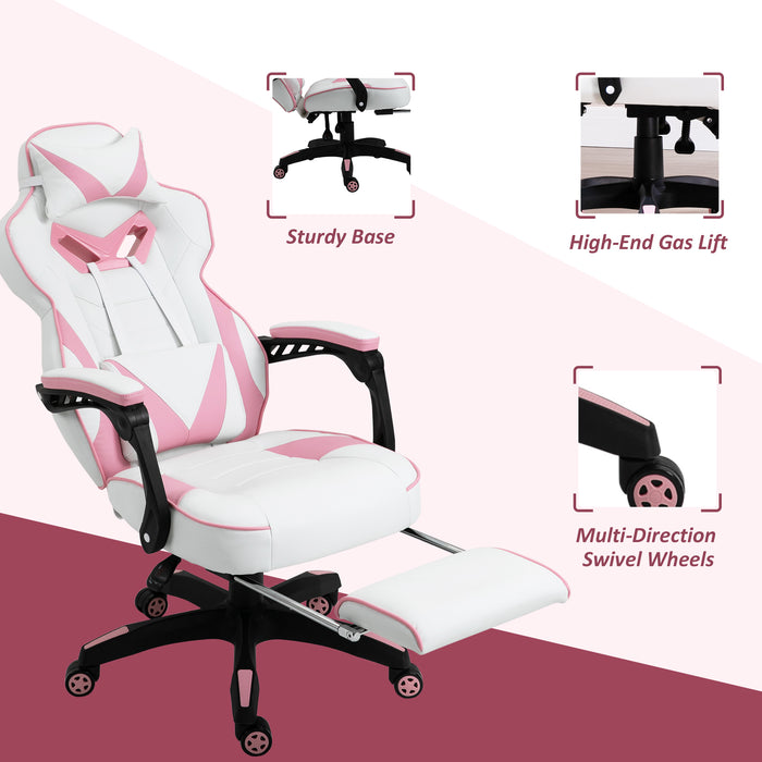 Ergonomic Racing Gaming Chair Office Desk Chair Adjustable Height Recliner with Wheels, Headrest, Lumbar Support, Retractable Footrest, Pink