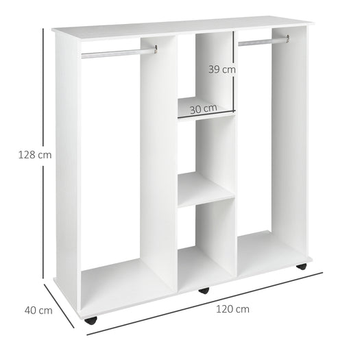 Double Mobile Open Wardrobe With Clothes Hanging Rails Storage Shelves Organizer Bedroom Furniture - White