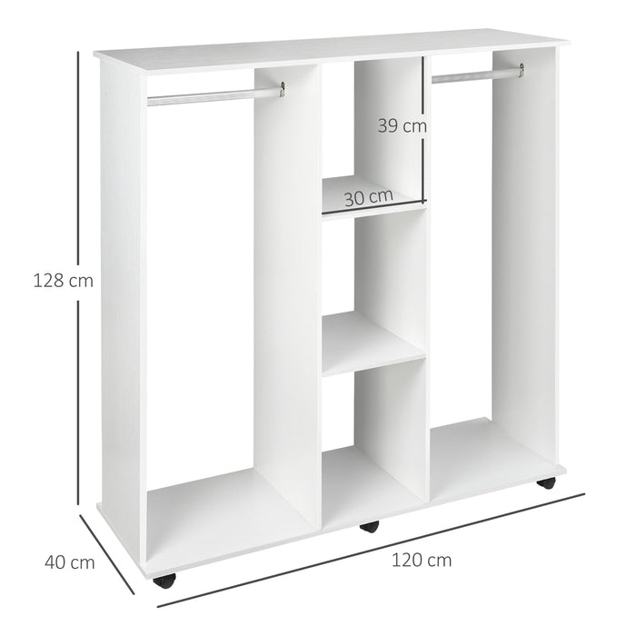 Double Mobile Open Wardrobe With Clothes Hanging Rails Storage Shelves Organizer Bedroom Furniture - White