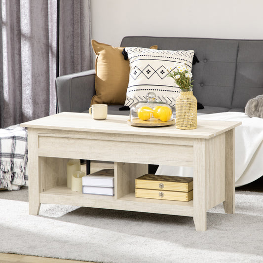 Lift-Top Coffee Table with Hidden Storage and 2 Open Shelves - Oak Effect