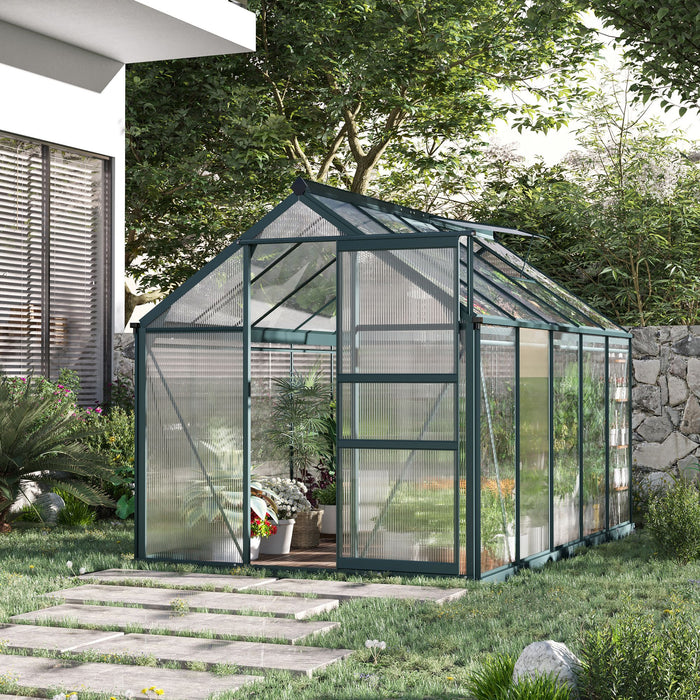 Outsunny 6 x 10ft Polycarbonate Greenhouse, Large Walk-In Green House with Slide Door and Window, Garden Plants Grow House with Aluminium Frame and Foundation