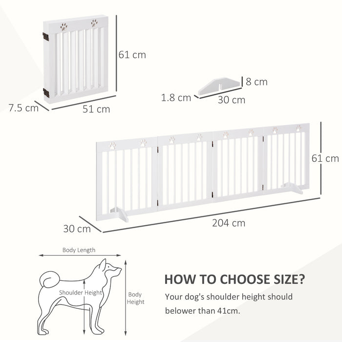 Freestanding Pet Gate 4 Panel Wooden Dog Barrier Folding Safety Fence with Support Feet up to 204cm Long 61cm Tall for Doorway Stairs White