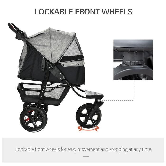 Folding Pet Stroller 3 Wheel Dog Jogger Travel Carrier Adjustable Canopy Storage Brake Mesh Window for Small Miniature Dog Cat Grey