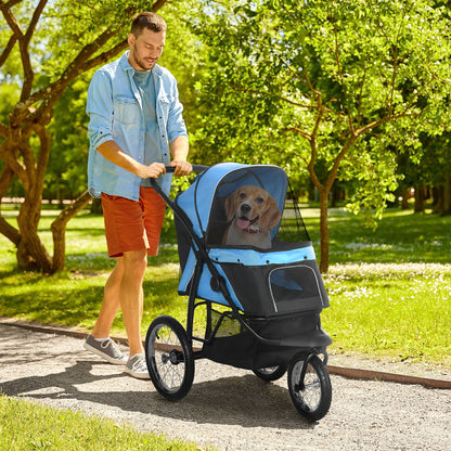 Pet Stroller Jogger for Medium, Small Dogs, Foldable Cat Pram Dog Pushchair w/ Adjustable Canopy, 3 Big Wheels - Blue