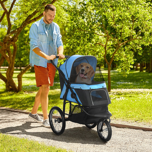 Pet Stroller Jogger for Medium, Small Dogs, Foldable Cat Pram Dog Pushchair w/ Adjustable Canopy, 3 Big Wheels - Blue