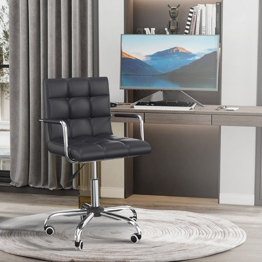 Black PU Leather Swivel Office Chair: Adjustable Height, Rolling Wheels, Armrests, Mid Back Comfort