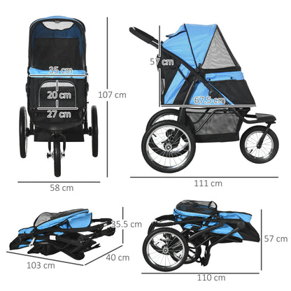 Pet Stroller Jogger for Medium, Small Dogs, Foldable Cat Pram Dog Pushchair w/ Adjustable Canopy, 3 Big Wheels - Blue