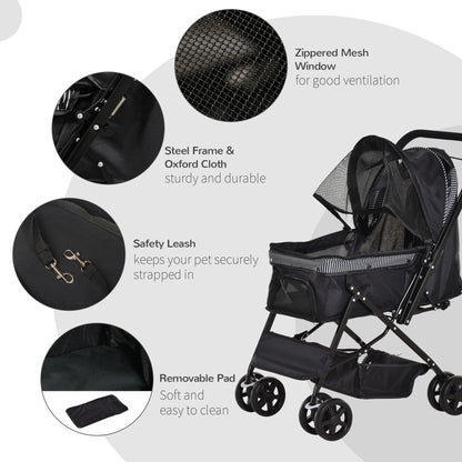 Pet Stroller Dog Cat Travel Pushchair Foldable Jogger with Reversible Handle EVA Wheel Brake Basket Adjustable Canopy Safety Leash for Small Dogs, Black