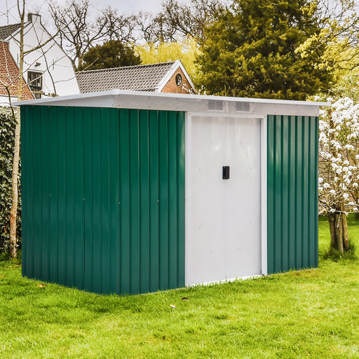 Outsunny 9ft x 4ft Metal  Garden Storage Shed, Outdoor Tool House with Floor Foundation, Ventilations and Double Doors, Green