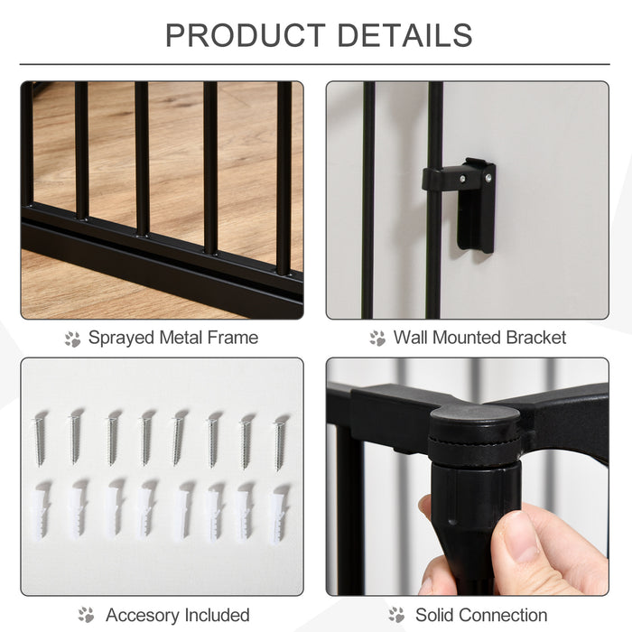 Pet Safety Gate 5-Panel Playpen Fireplace Christmas Tree Metal Fence Stair Barrier Room Divider with Walk Through Door Automatically Close Lock Black