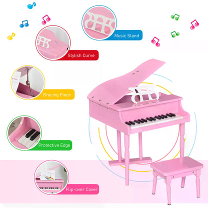 HOMCOM 30 Keys Kids Keyboard Piano Mini Electric Piano Set Grand Piano with Music Stand and Bench Pink