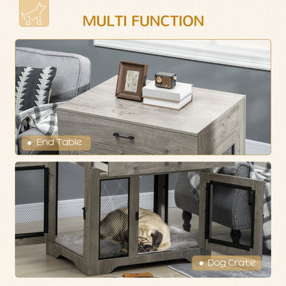 Indoor Dog Crate Furniture with Cushion, Double Doors, Pet Kennel End Table with Drawer, for Medium Dogs - Grey