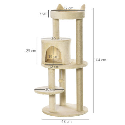 104 cm Cat Tree, Cat Condo Tree Tower, Cat Activity Centre with Scratching Posts, Plush Perch, Hanging Ball - Beige