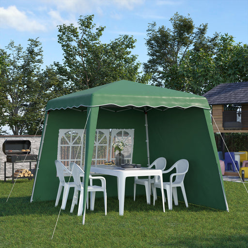 Outsunny Pop Up Gazebo with 2 Sides, Slant Legs and Carry Bag, Height Adjustable UV50+ Party Tent Event Shelter for Garden, Patio, 2.4 x 2.4m Top / 2.9 x 2.9m Base, Green
