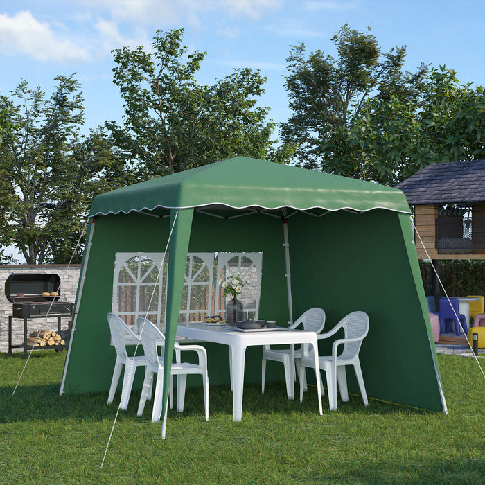 Outsunny Pop Up Gazebo with 2 Sides, Slant Legs and Carry Bag, Height Adjustable UV50+ Party Tent Event Shelter for Garden, Patio, 2.4 x 2.4m Top / 2.9 x 2.9m Base, Green