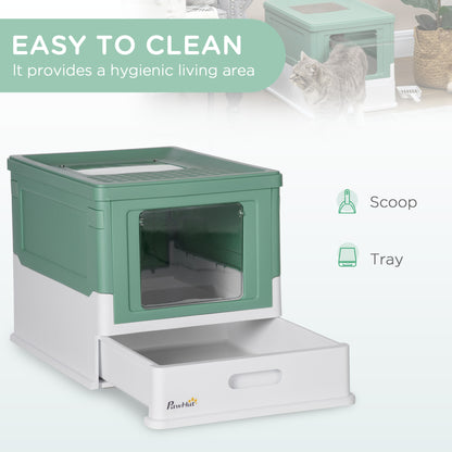 Hooded Cat Litter Box, Portable Pet Toilet w/ Tray, Scoop, Front Entry, 47.5 x 35.5 x 36.7cm - Green