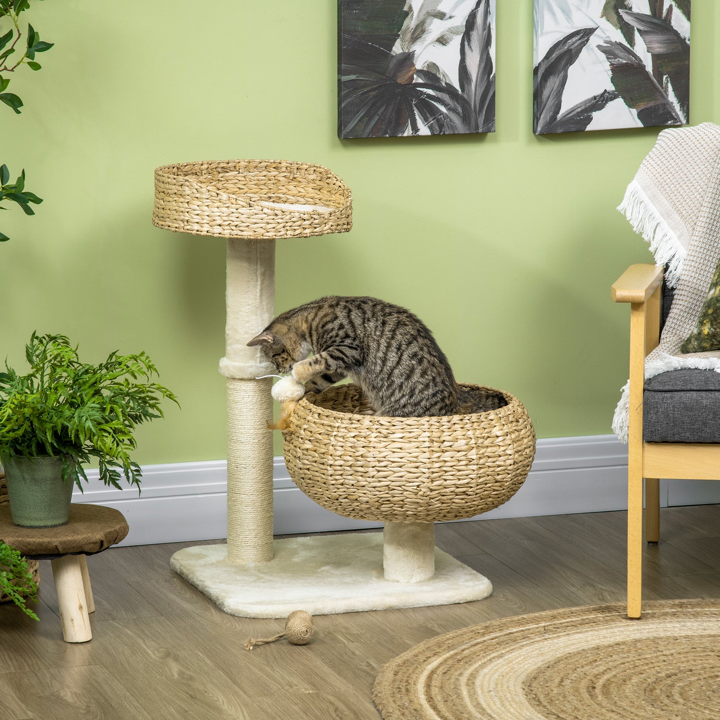 72cm Cat Tree, Kitty Activity Centre, Cat Climbing Toy, Cat Tower w/ Two Cattail Beds, Toy Ball, Scratching Post - Beige