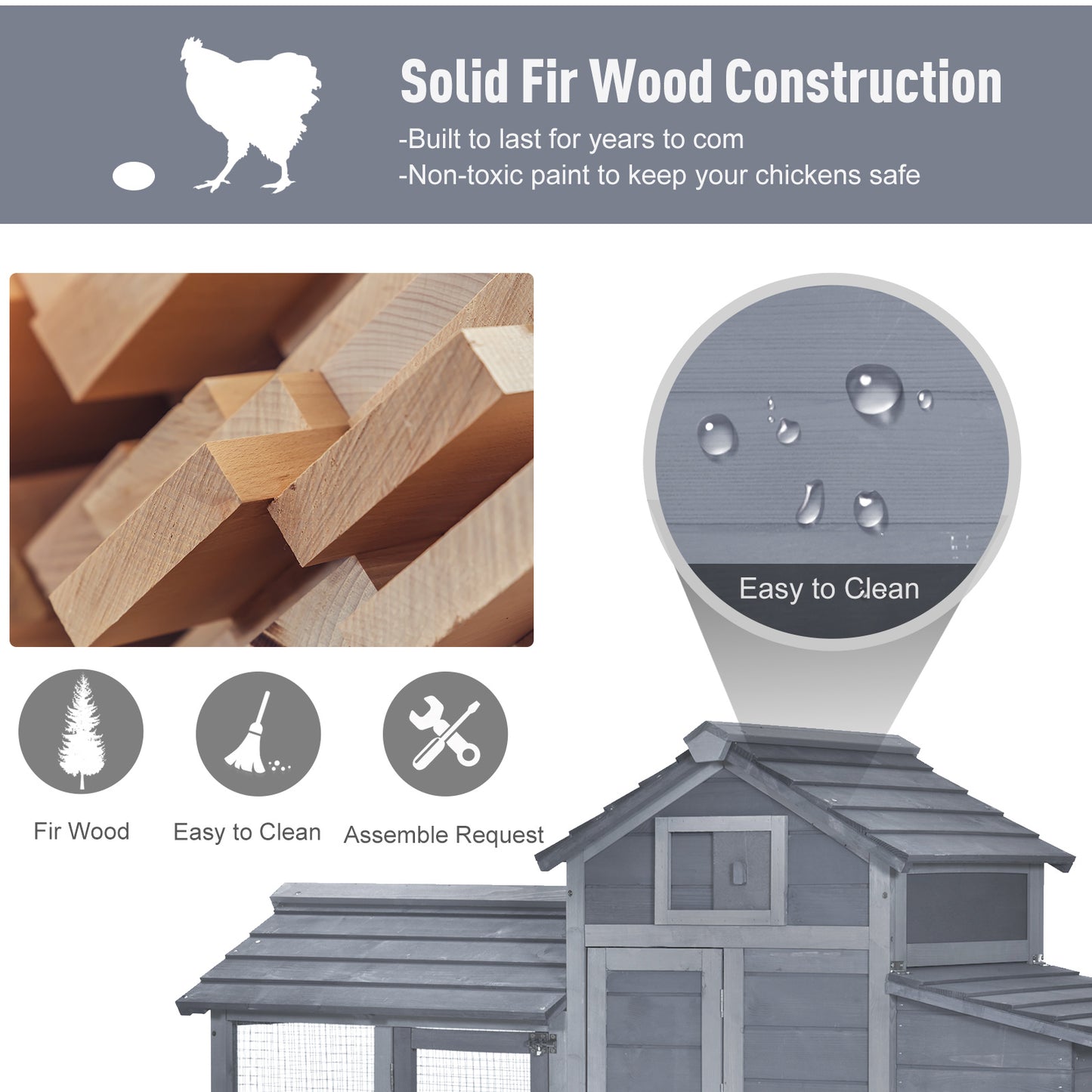 Small Chicken Coop with Run Hen House Poultry Coops Cages Nesting Box Grey 150.5 x 54 x 87cm