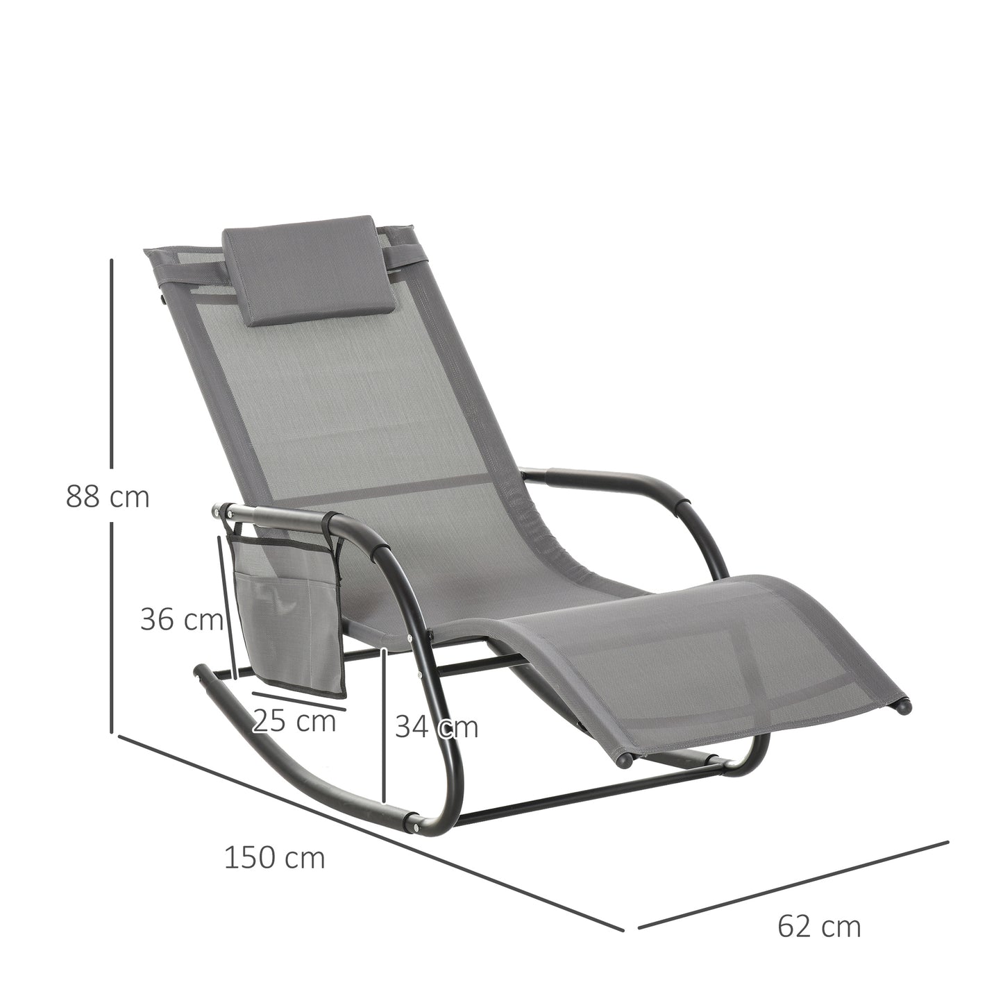 Breathable Mesh Rocking Chair Patio Rocker Lounge for Indoor & Outdoor Recliner Seat w/ Removable Headrest for Garden and Patio Grey