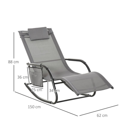 Breathable Mesh Rocking Chair Patio Rocker Lounge for Indoor & Outdoor Recliner Seat w/ Removable Headrest for Garden and Patio Grey