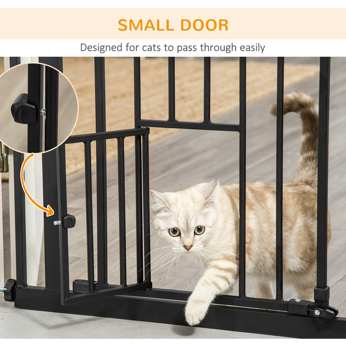 Extra Tall Dog Gate with Cat Flap, Pet Safety Gate for Doorways Stairs with Auto Close Double Locking, 104 cm Tall 74-101 cm Wide, Black