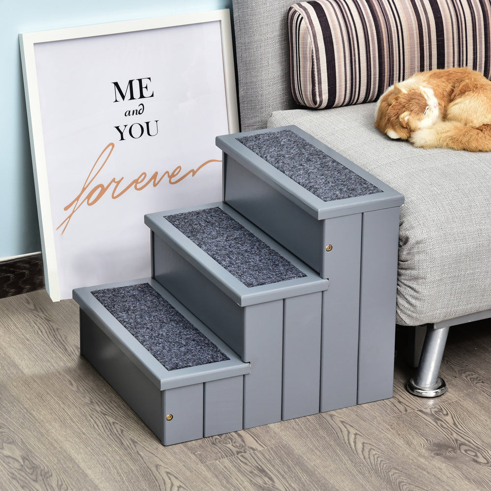 3 Step Wooden Dog Steps Pet Stairs for Dogs, Cat Ladder for Bed Couch with Storage Grey