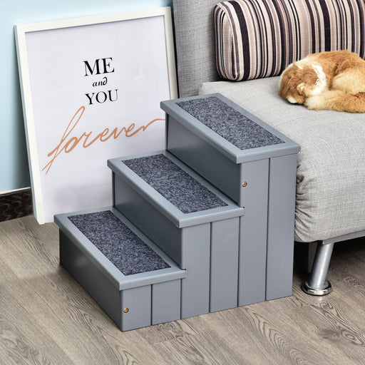 3 Step Wooden Dog Steps Pet Stairs for Dogs, Cat Ladder for Bed Couch with Storage Grey