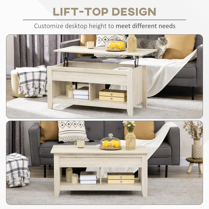 Lift Top Coffee Table w/ Hidden Storage Compartment Open Shelves Lift Tabletop Pop Up Centre Table for Living Room Oak Effect