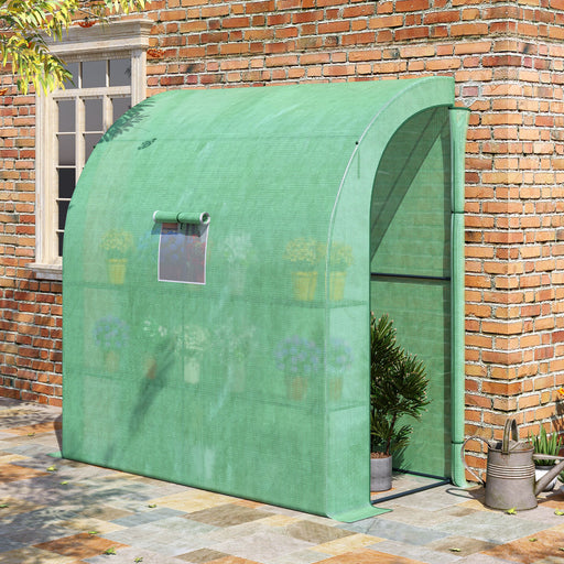 Outsunny Walk-In Lean to Wall Greenhouse with Windows and Doors 2 Tiers 4 Wired Shelves 200L x 100W x 215Hcm Green