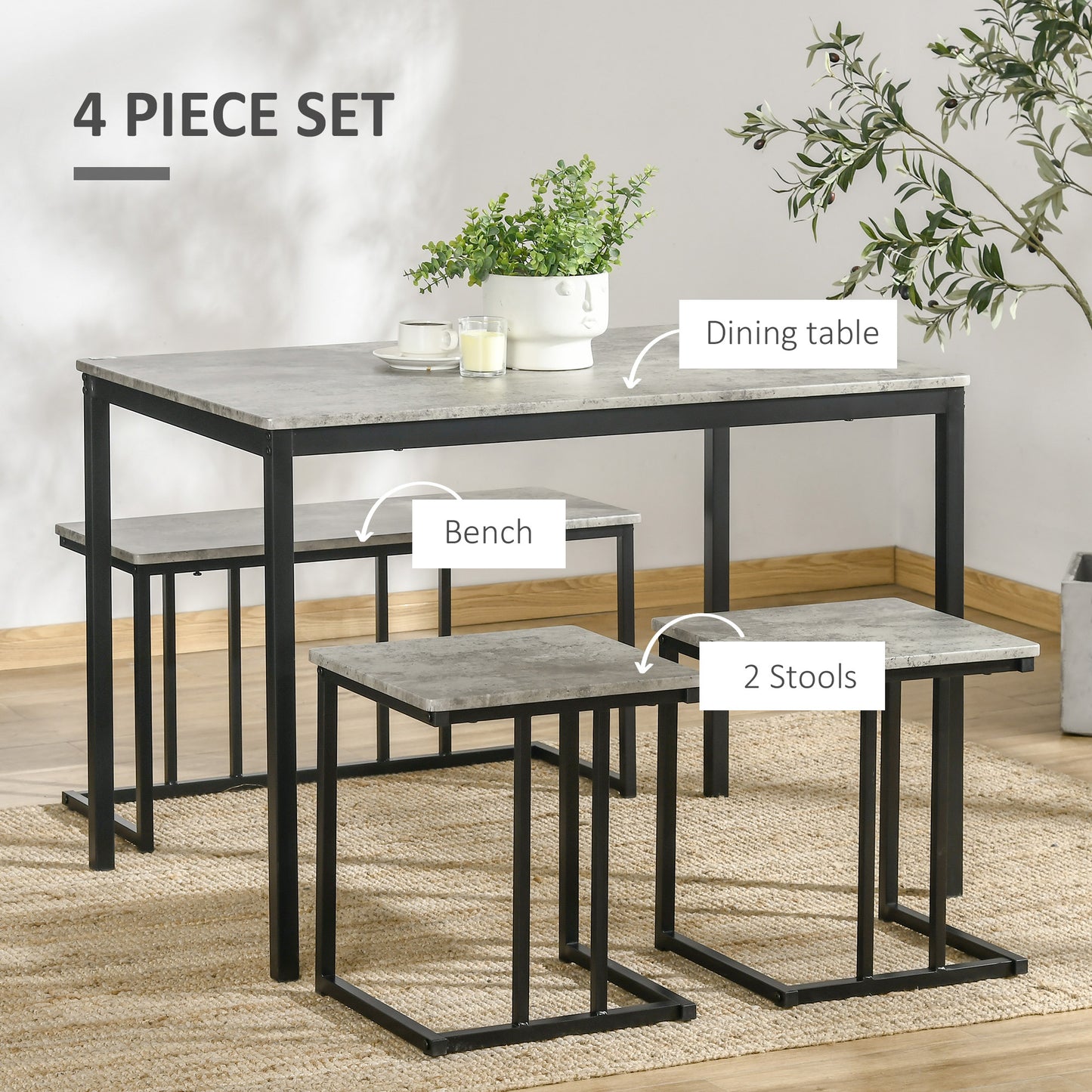 Concrete Effect Dining Table and Chairs Set for 4 People
