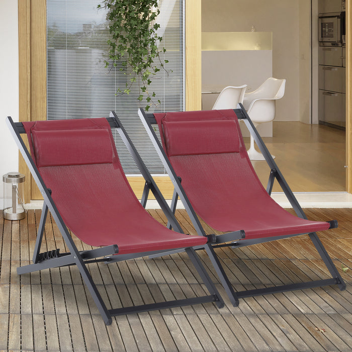 Set of 2 Folding Garden Beach Deck Chairs Deckchairs Seaside Folding Garden Patio Lounger, Red