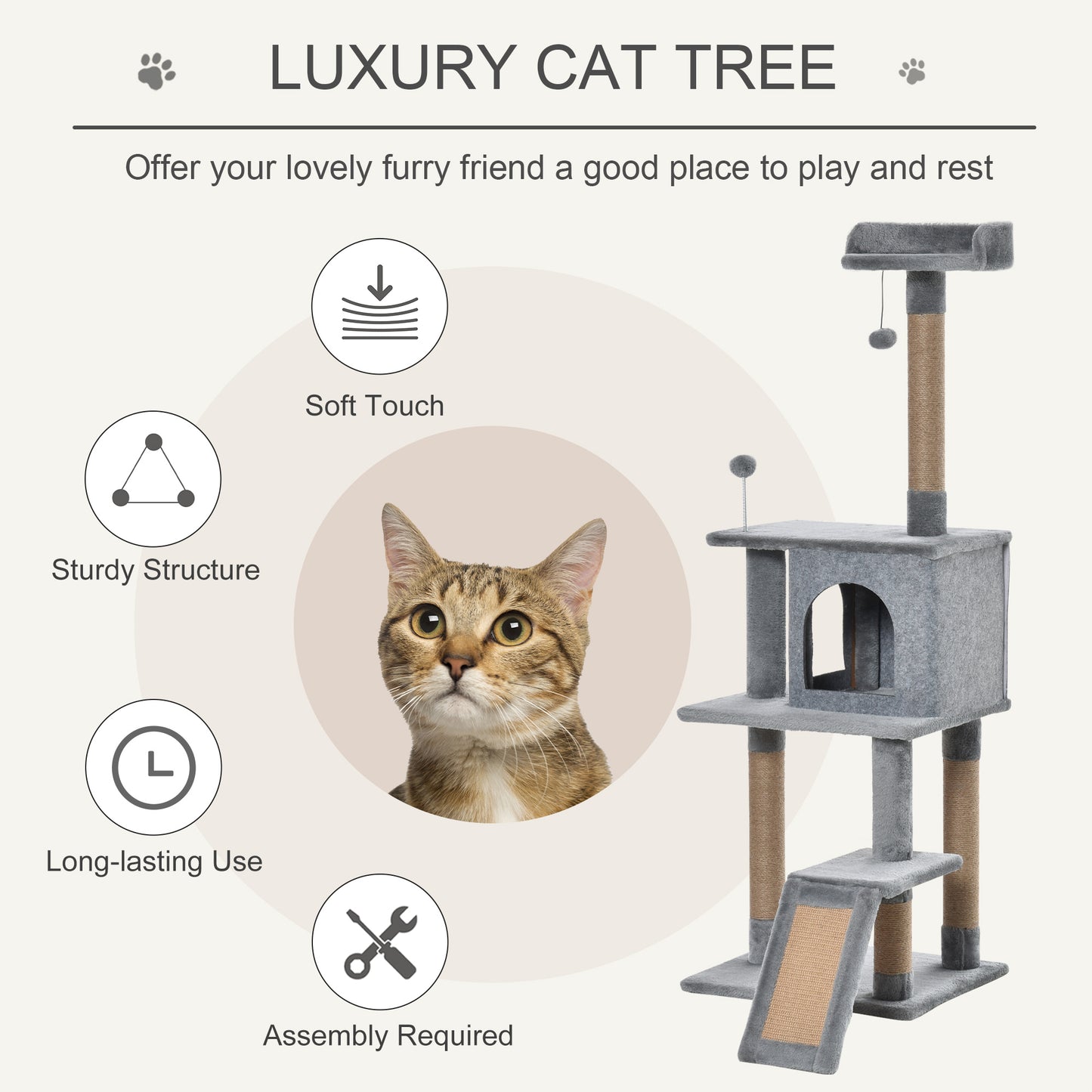Cat Tree Tower for Indoor Cats 142cm Climbing Kitten Activity Center with Jute Scratching Post Board Perch Roomy Condo Removable Felt Hanging Toy, Grey