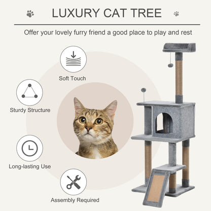 Cat Tree Tower for Indoor Cats 142cm Climbing Kitten Activity Center with Jute Scratching Post Board Perch Roomy Condo Removable Felt Hanging Toy, Grey